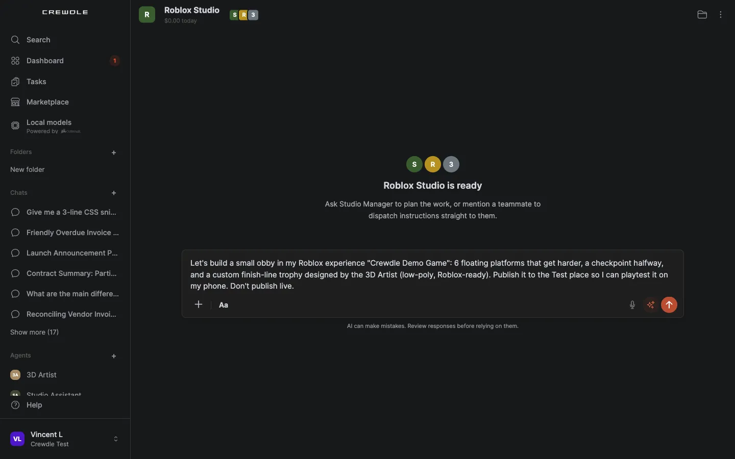 A brief to the Roblox Studio team: build a 6-platform obby with a halfway checkpoint and a custom trophy, publish it to the Test place for a playtest on the phone, and don't publish live