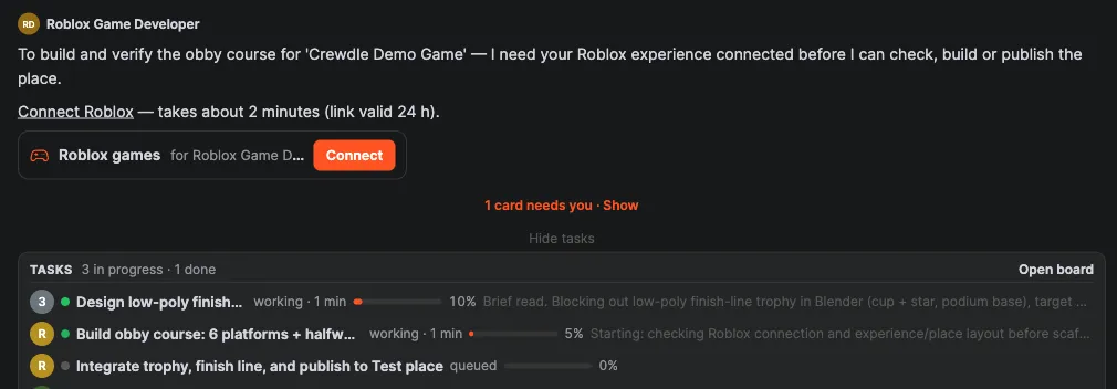 The Roblox Game Developer asking to connect Roblox, with a Roblox games card and a Connect button, above the team's task list