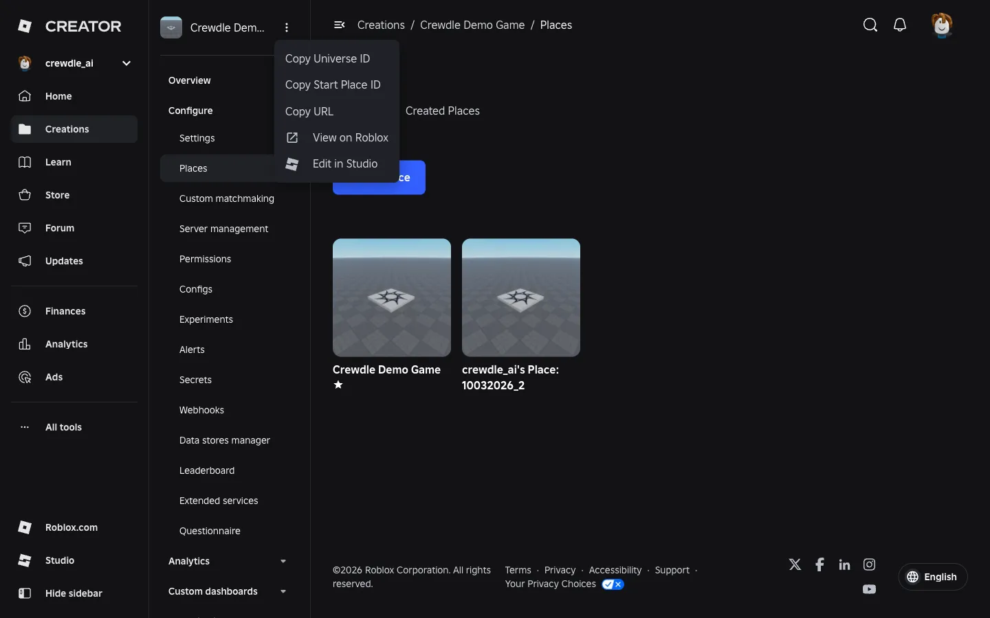 The experience's ⋯ menu in Creator Hub with Copy Universe ID, Copy Start Place ID, Copy URL, View on Roblox and Edit in Studio
