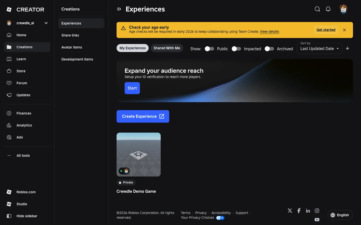 Roblox Creator Hub, Creations → Experiences, showing one private experience named Crewdle Demo Game