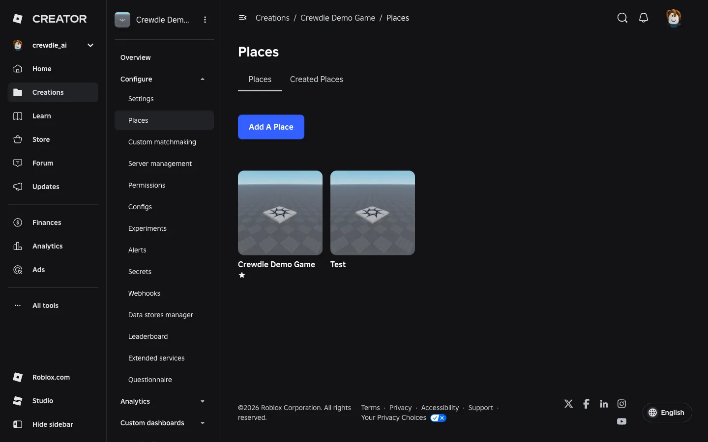 The experience's Places page in Creator Hub, listing the start place Crewdle Demo Game and a second place named Test