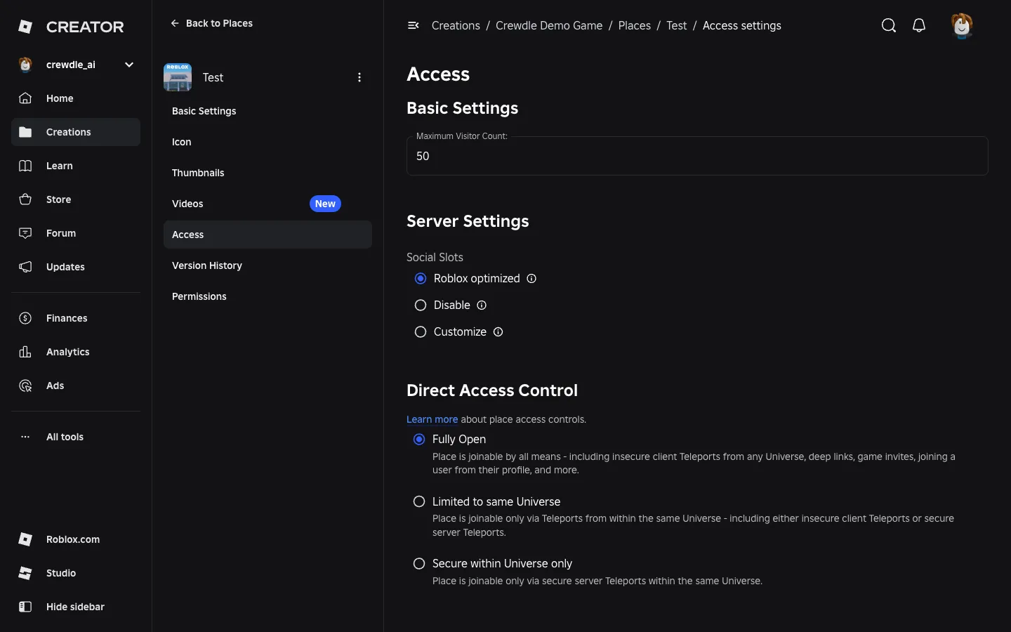 The Test place's Access settings in Creator Hub, with Direct Access Control set to Fully Open
