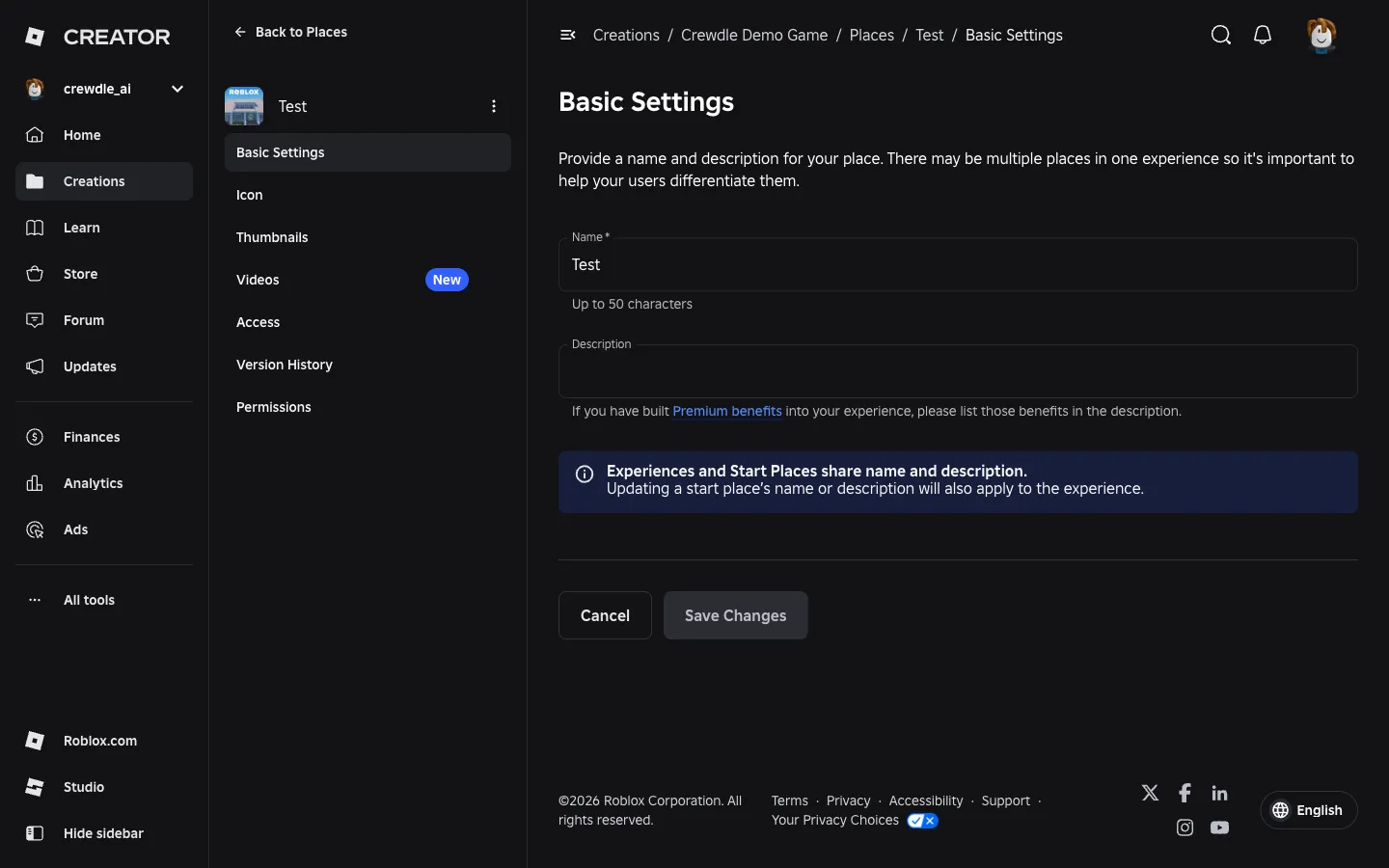 The Test place's Basic Settings page in Creator Hub; its place ID is the number in this page's address
