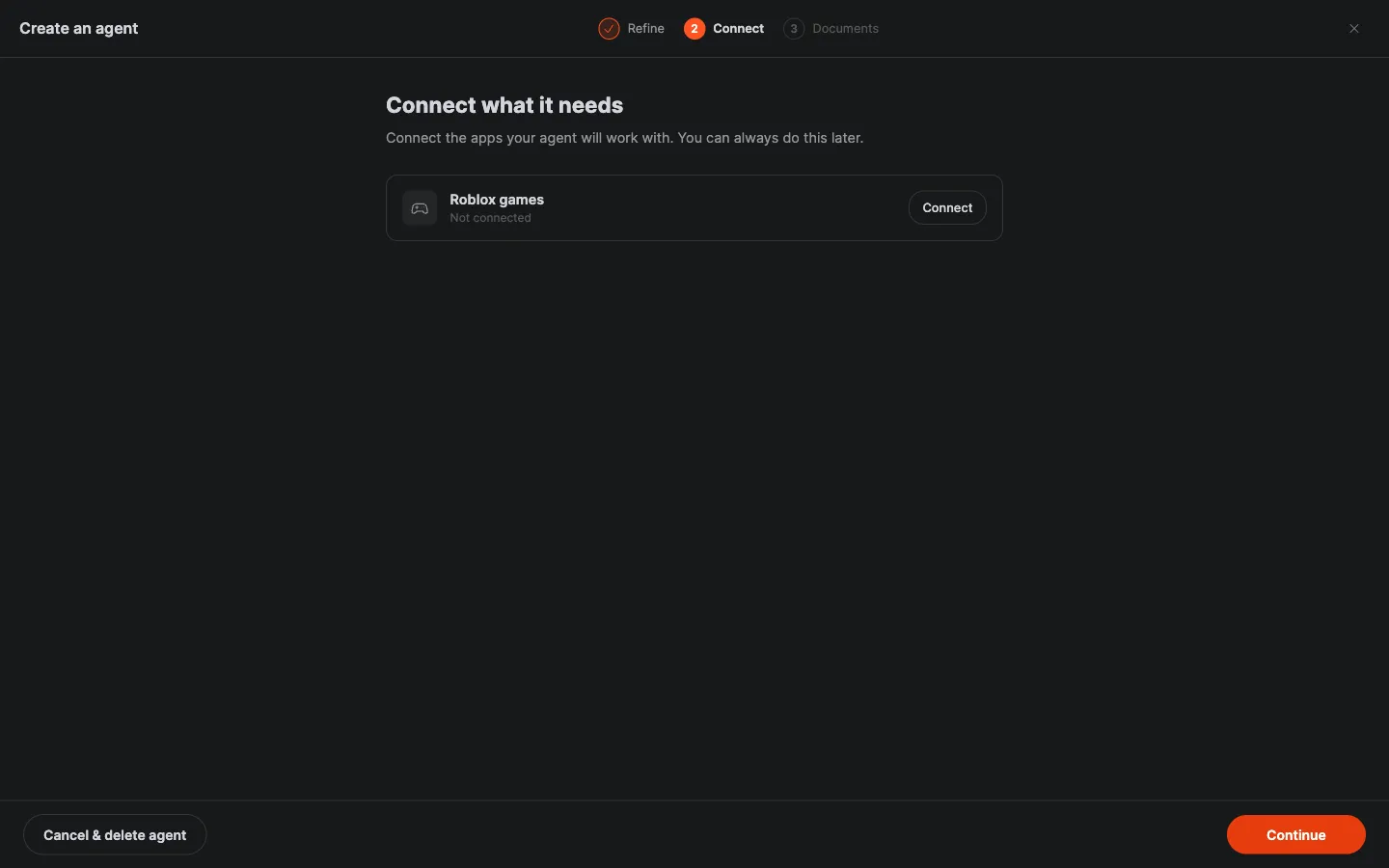 The hire wizard's Connect what it needs step, with Roblox games not connected yet and a Connect button