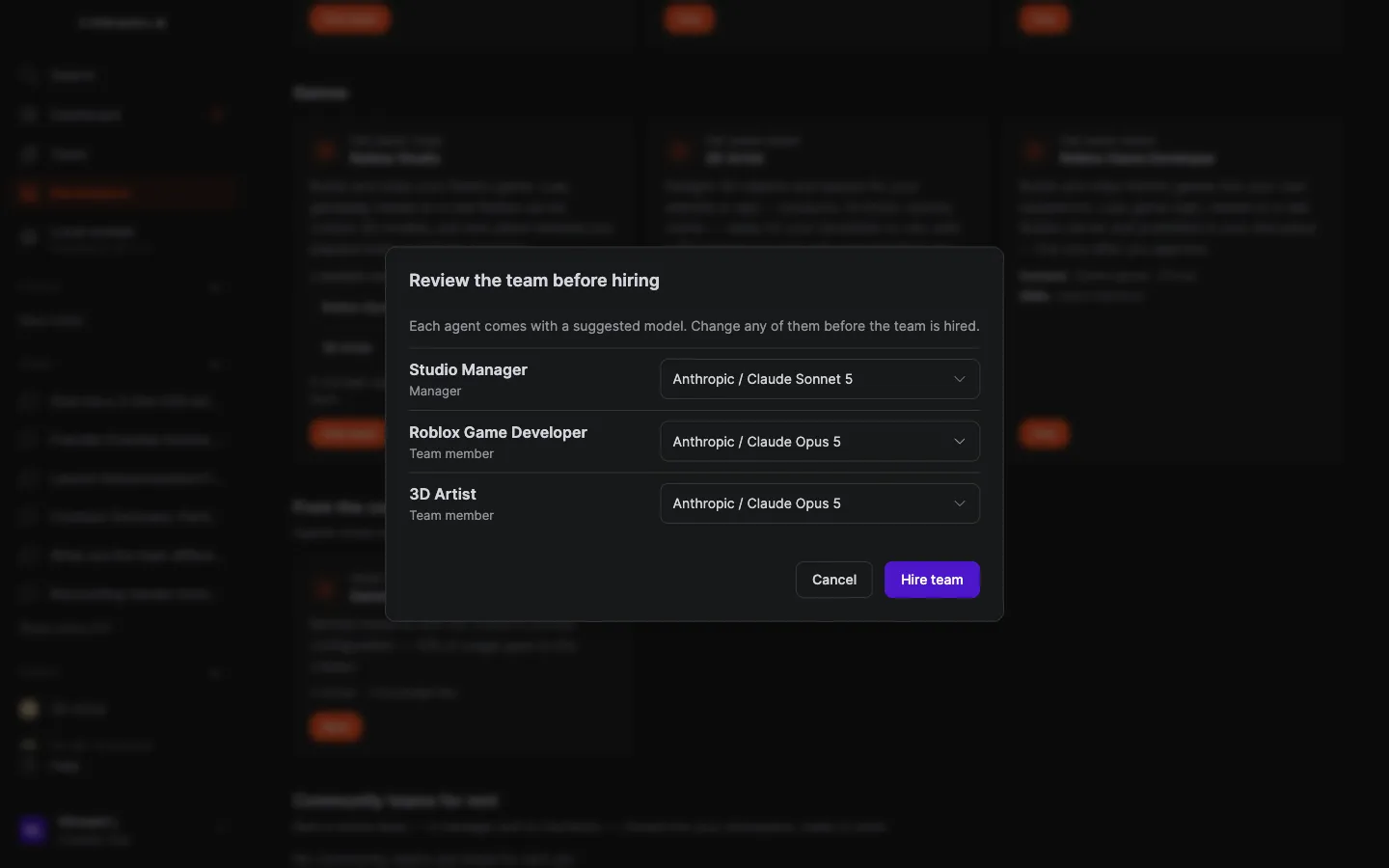 Review the team before hiring: Studio Manager, Roblox Game Developer and 3D Artist, each with a model picker, and a Hire team button