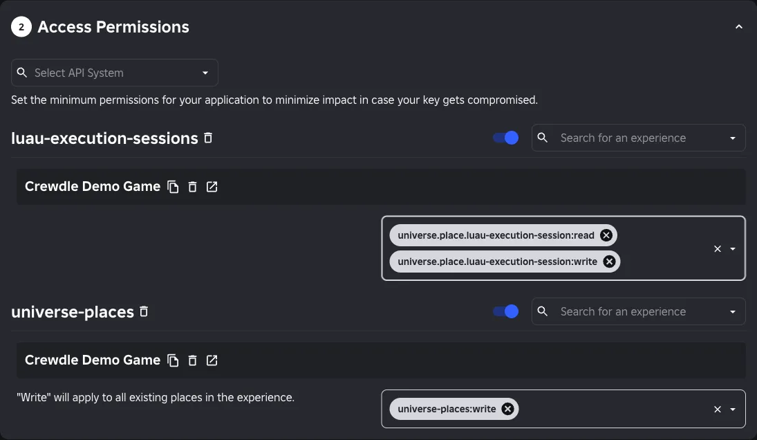 The Access Permissions step of a Roblox API key: luau-execution-sessions with read and write, and universe-places with write, both restricted to Crewdle Demo Game