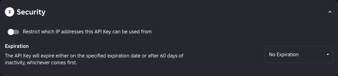 The Security step of a Roblox API key: the IP restriction toggle off, and the expiration note about 60 days of inactivity