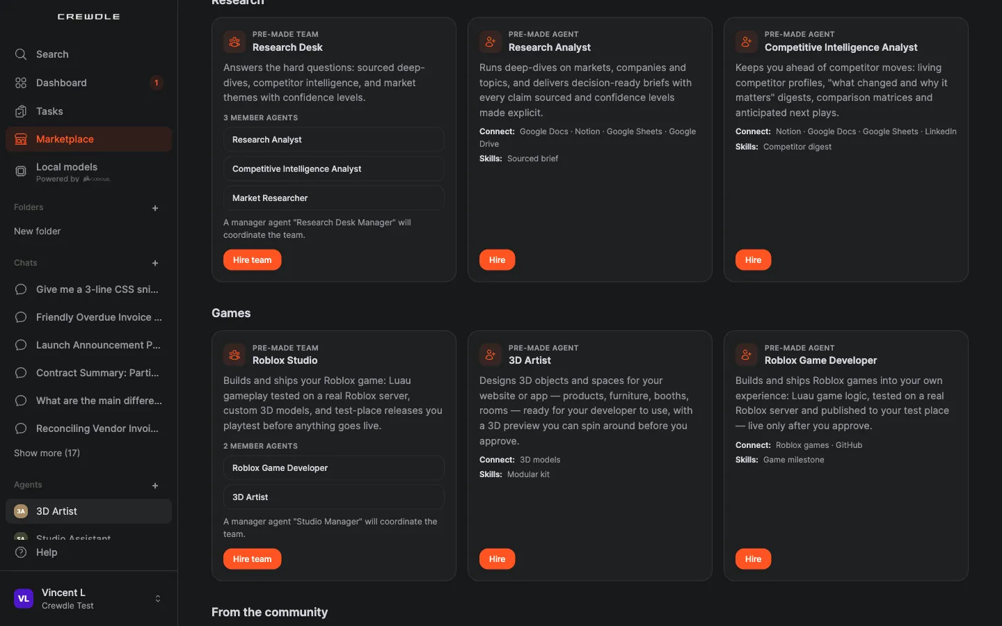 The Crewdle marketplace's Games section: the Roblox Studio team, the 3D Artist and the Roblox Game Developer, each with a Hire button