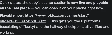 The agent reporting that the course is live and playable on the Test place, with the link to open it