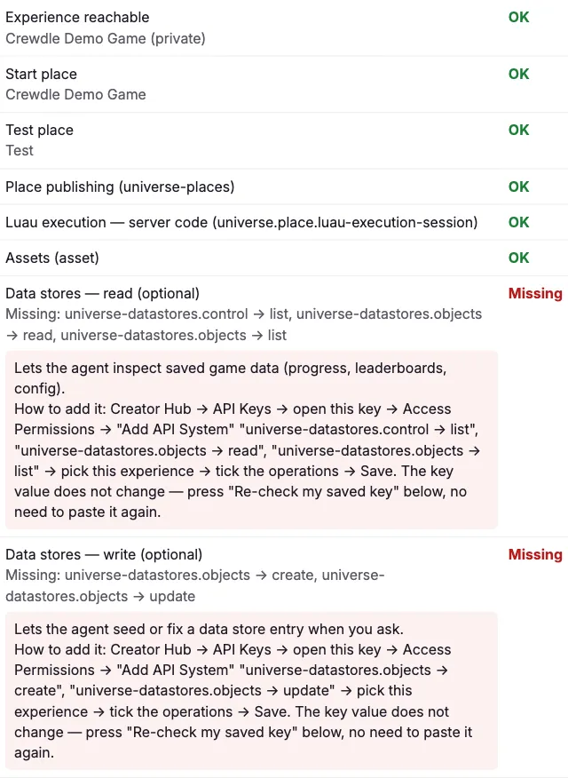 The setup check: experience, start place, Test place, place publishing, Luau execution and assets all OK, with the optional data-store permissions marked Missing and how to add them
