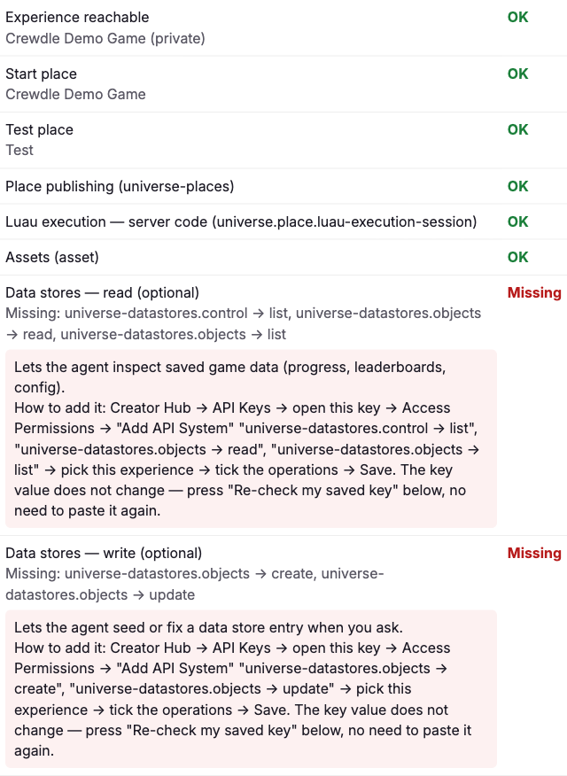 Crewdle’s Roblox setup check: experience, start place, Test place, place publishing, Luau execution and assets all OK; the optional data-store permissions are marked missing with instructions to add them.