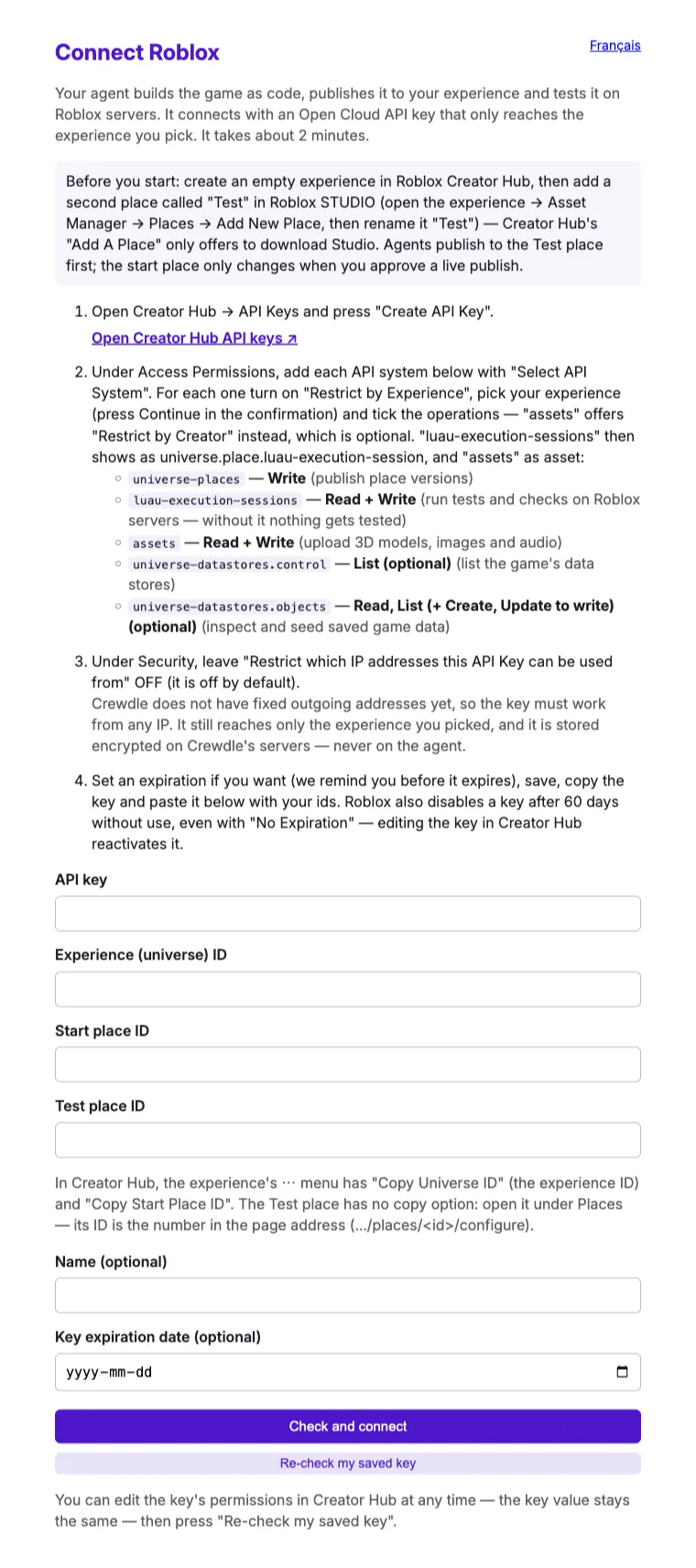 Crewdle's Connect Roblox setup page: what to create first, the four API key steps with the permissions to tick, and the API key, experience ID, start place ID and Test place ID fields above Check and connect