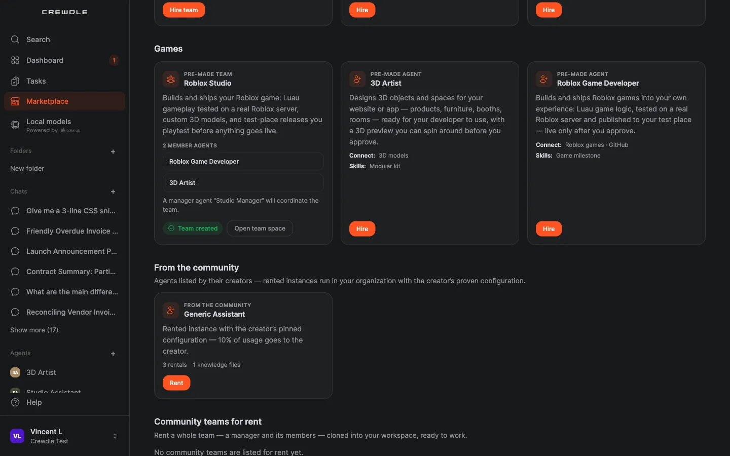 The marketplace's Games section with the Roblox Studio team just created, the 3D Artist and the Roblox Game Developer, and community agents for rent below
