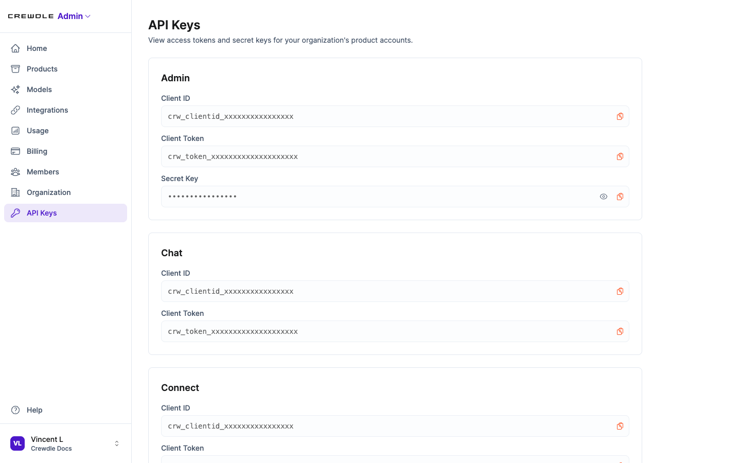 Crewdle Admin API Keys page listing Client ID, Client Token, and Secret Key per product