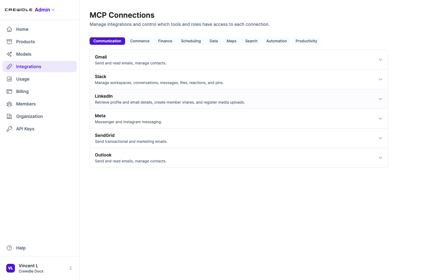 Catalogue d'intégrations de Crewdle regroupé par catégorie avec des connecteurs comme Gmail, Slack et Outlook