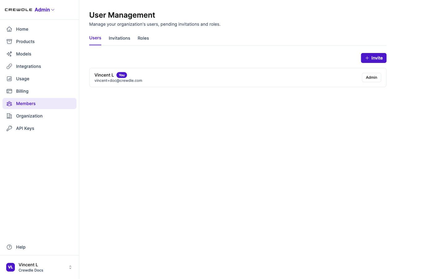 Crewdle Admin Members page with tabs for users, invitations, and roles