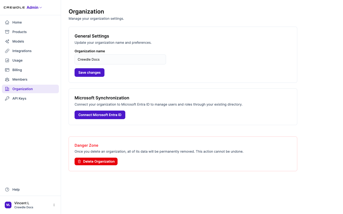 Crewdle Admin organization settings with general settings, Microsoft Entra ID sync, and a danger zone