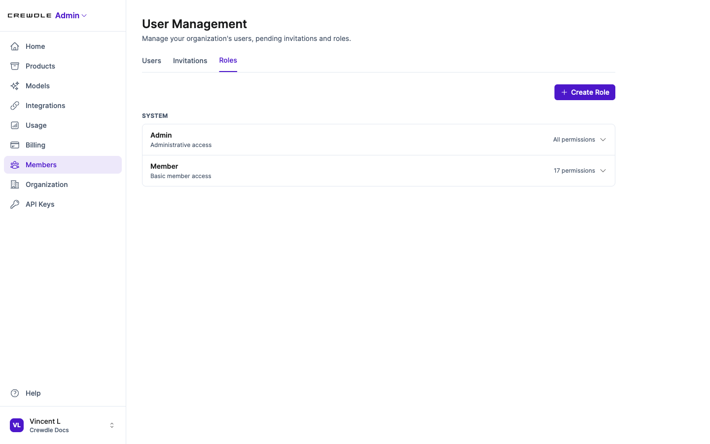 Crewdle Admin roles tab showing the Admin and Member system roles