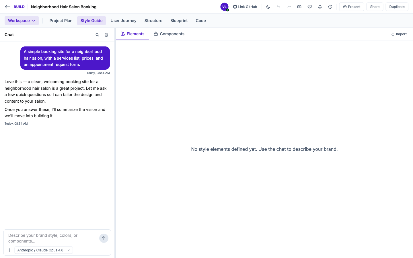 Crewdle Build workspace with step tabs for Style Guide, User Journey, Structure, Blueprint, and Code, plus an AI chat
