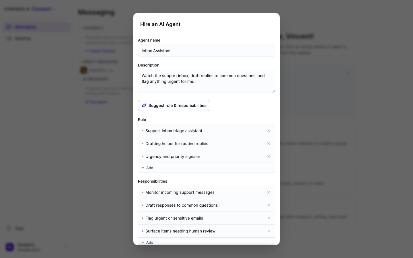 Formulaire d'embauche d'agent de Crewdle Connect avec nom, description, rôle, responsabilités et modèle