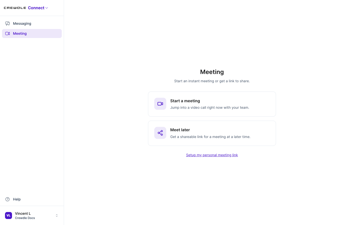 Écran de réunion de Crewdle Connect avec les options pour démarrer une réunion instantanée ou obtenir un lien partageable