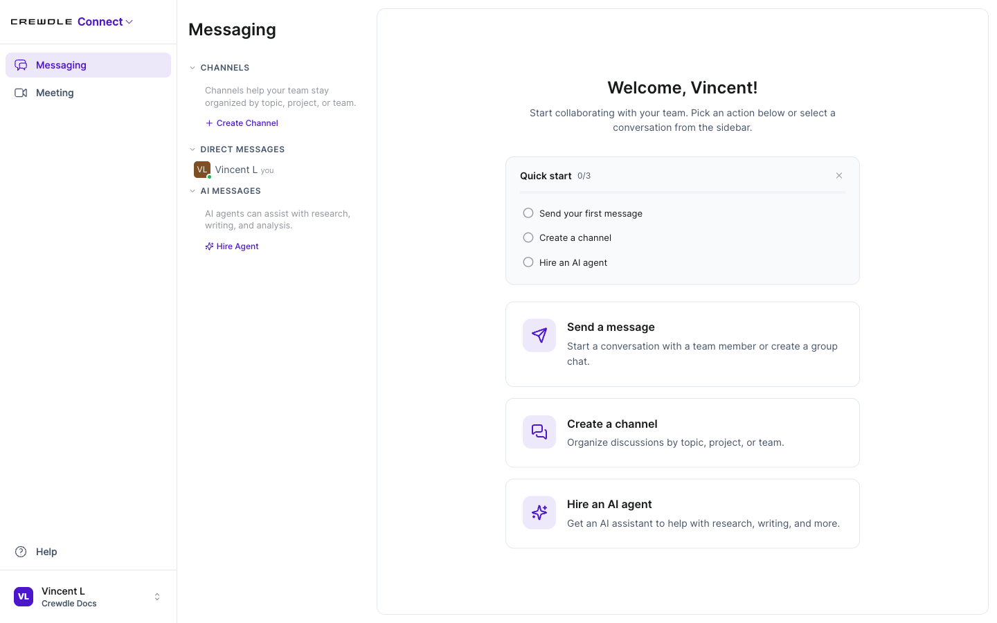 Espace de travail de messagerie Crewdle Connect avec canaux, messages directs, agents IA et réunions