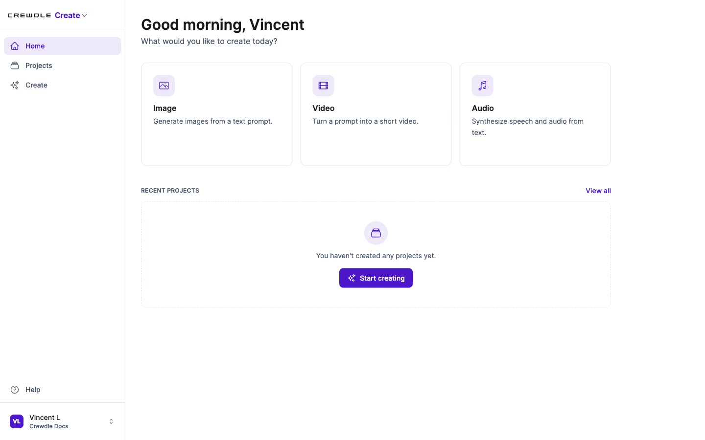 Accueil de Crewdle Create avec les options pour générer une image, une vidéo ou de l'audio