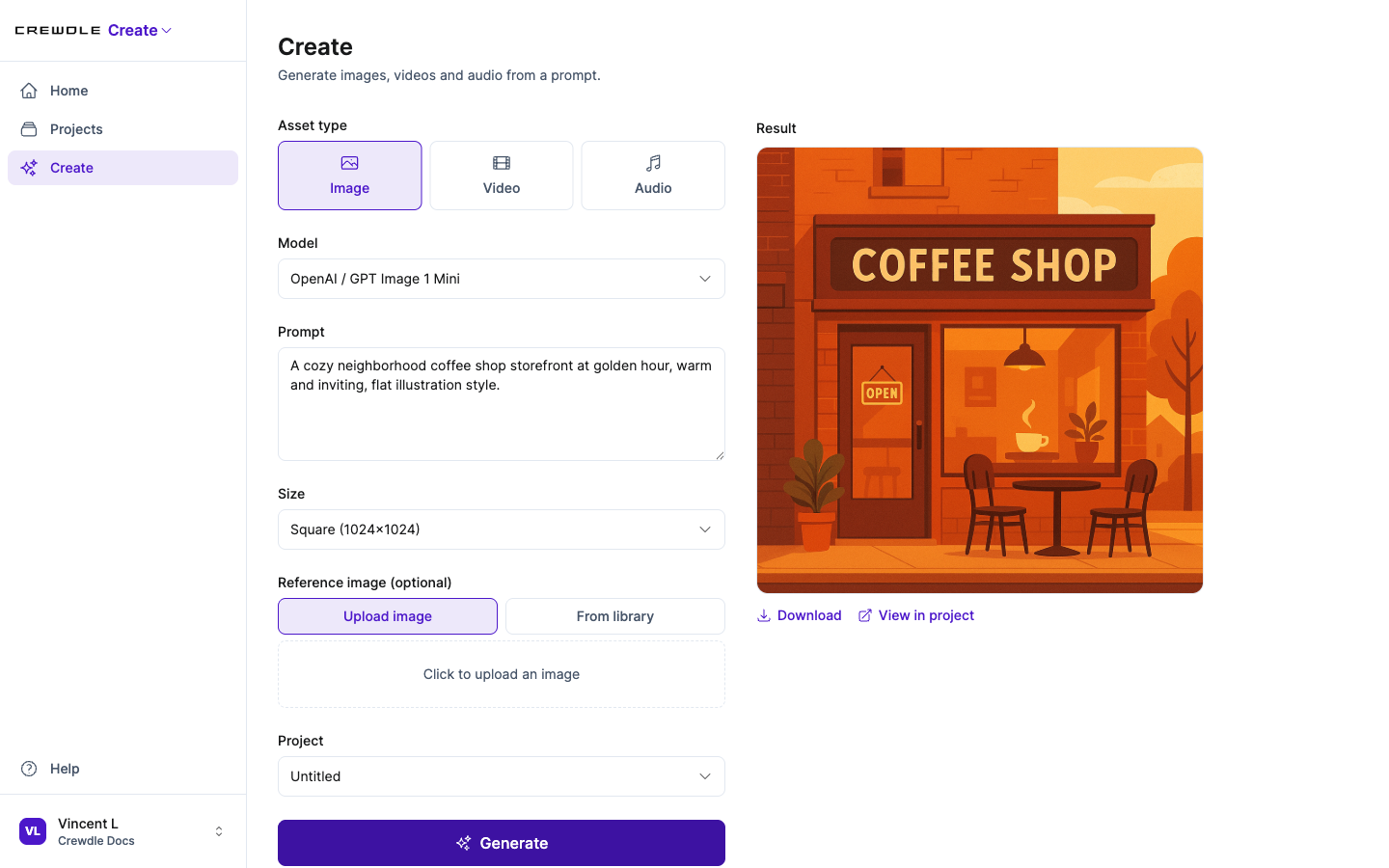 Générateur d'images de Crewdle Create avec le modèle, la consigne et le format à gauche et une illustration générée à droite