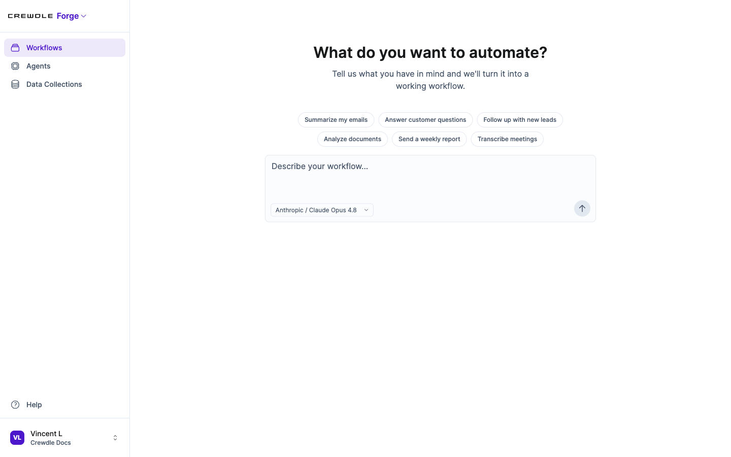 Écran de départ de Crewdle Forge demandant ce que vous voulez automatiser, avec des flux de départ