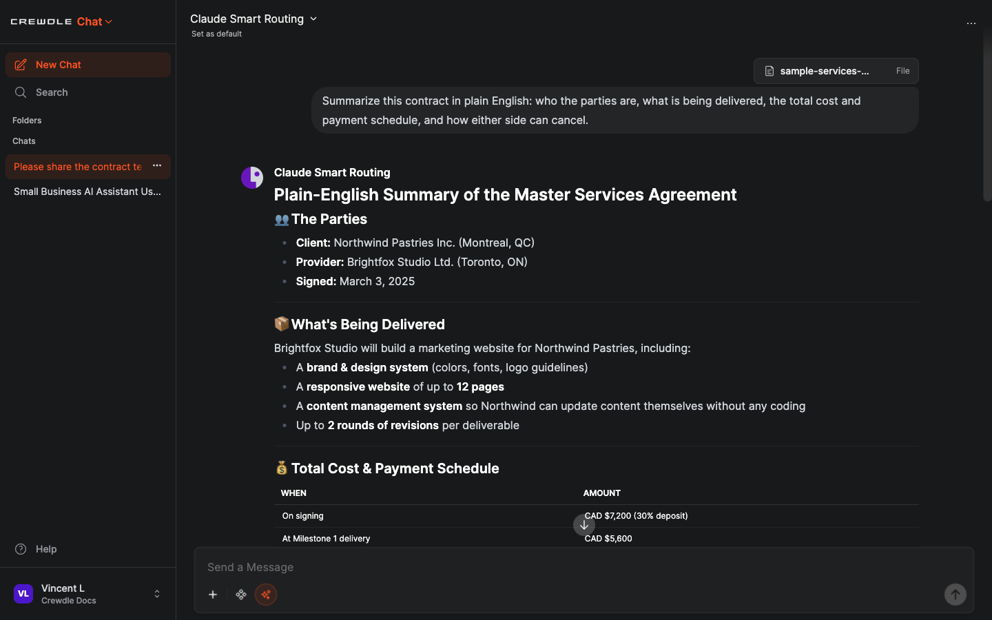 Crewdle Chat answering with a plain-English summary of the uploaded contract, listing the parties, deliverables, and payment schedule