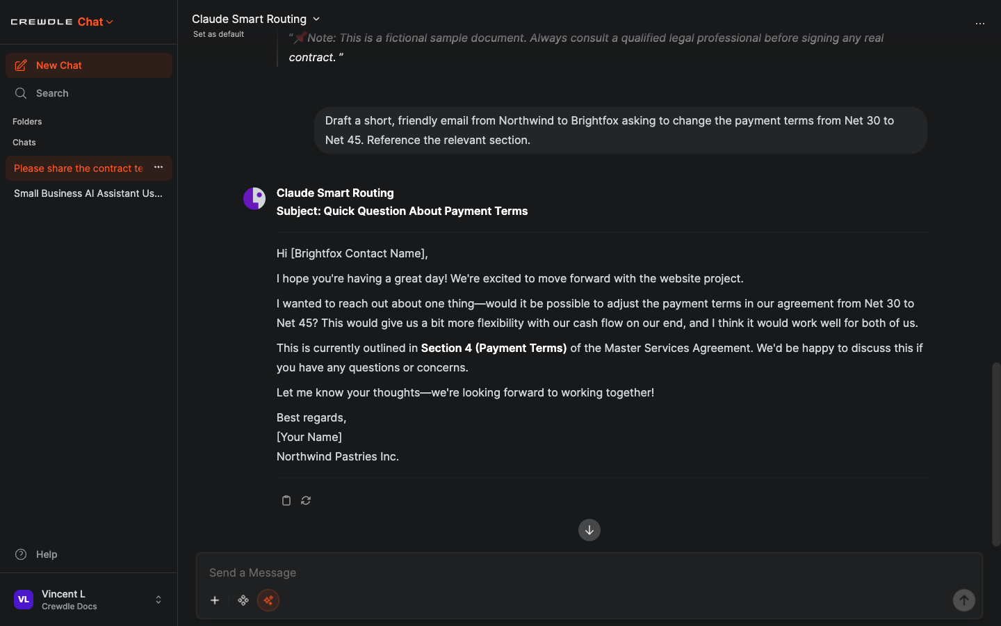 Crewdle Chat drafting an email that requests new payment terms and cites the correct section of the contract