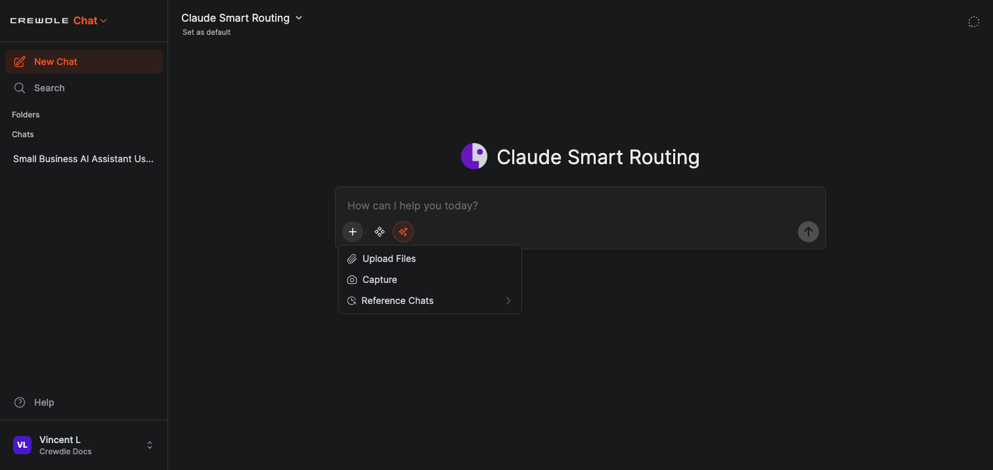 Crewdle Chat message box with the plus menu open, showing Upload Files, Capture, and Reference Chats