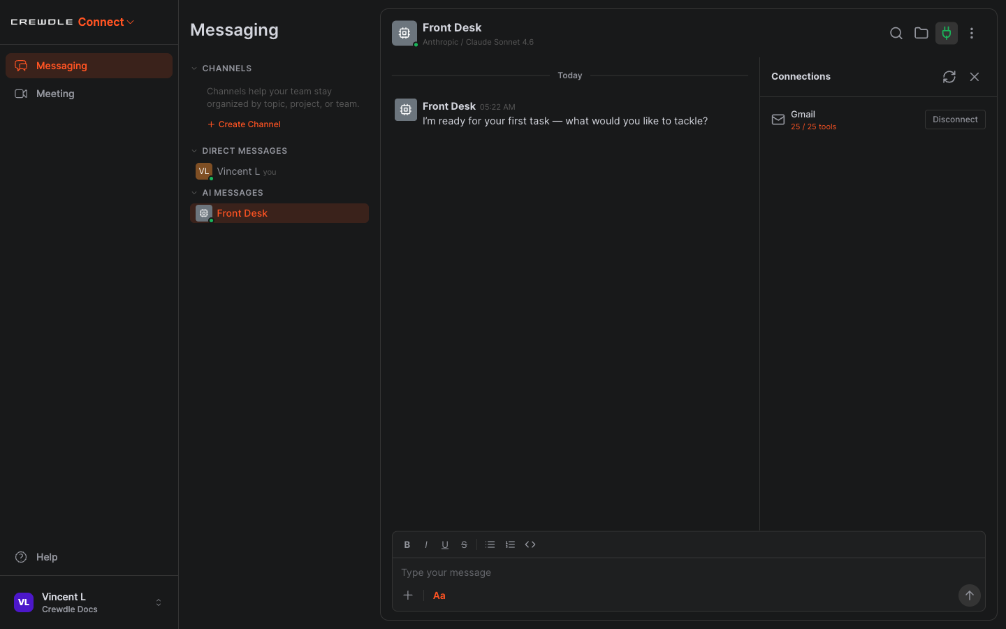 Crewdle Connect agent Connections panel showing Gmail connected with its available tools