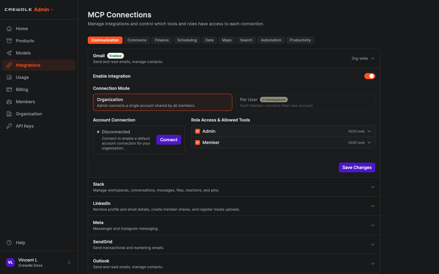 Crewdle Admin integrations page with the Gmail connector enabled org-wide and role access set