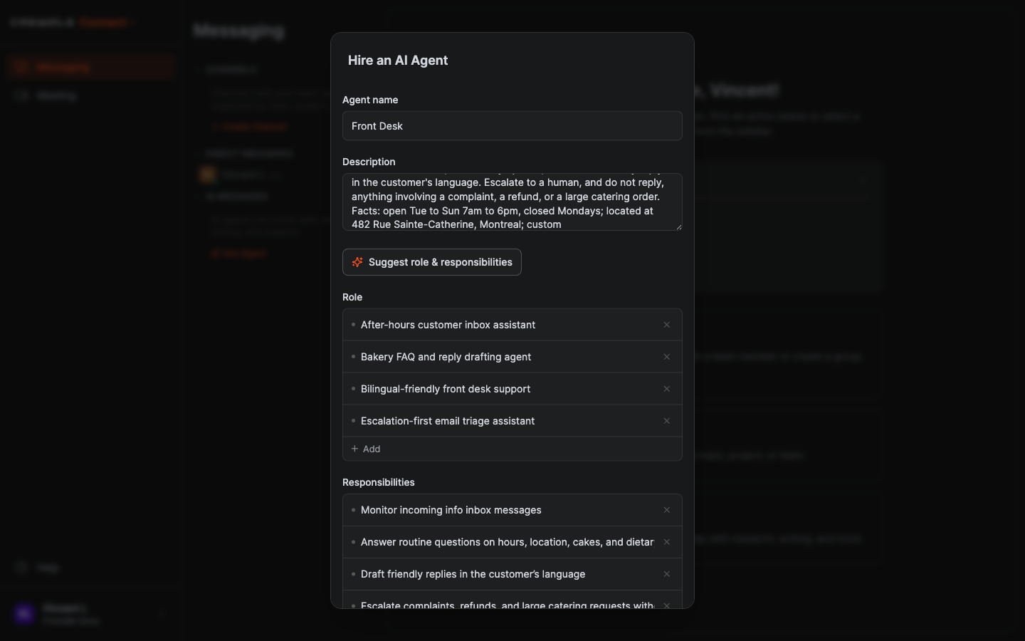 Crewdle Connect hire-an-agent form with a name, description, and suggested role and responsibilities for a front-desk inbox agent