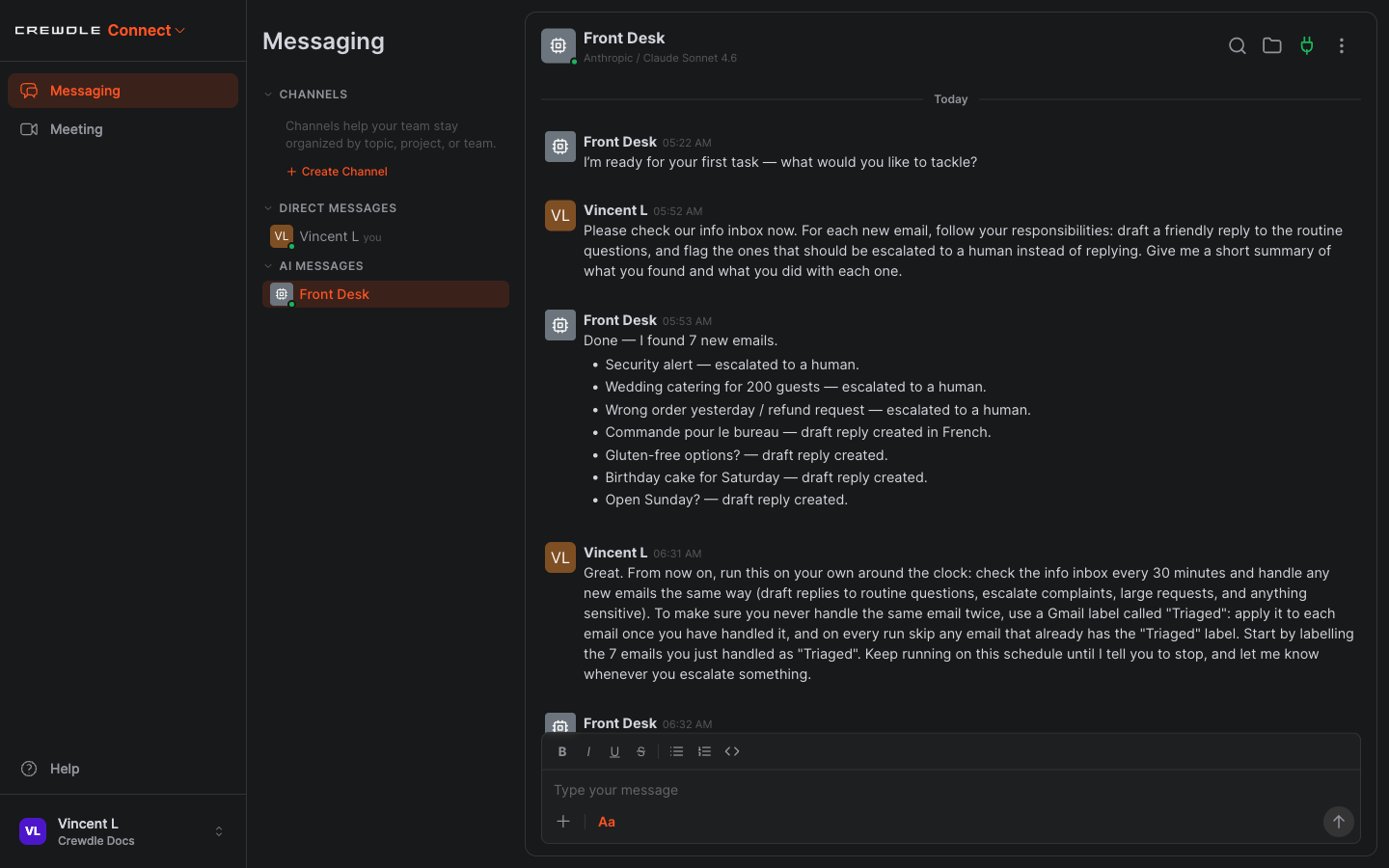 Crewdle Connect agent confirming it has set up a 30-minute triage schedule and labelled the handled emails