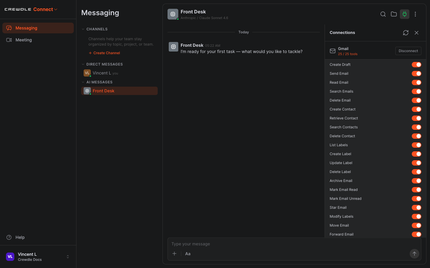 Crewdle Connect Gmail connector expanded to show each action as an individual on/off toggle