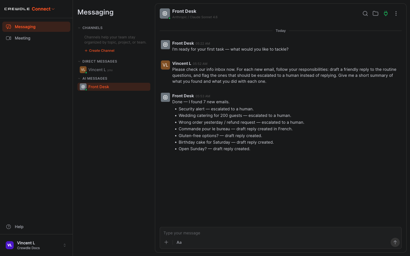 Crewdle Connect agent reporting that it triaged seven emails: drafts for routine questions and escalations for the rest