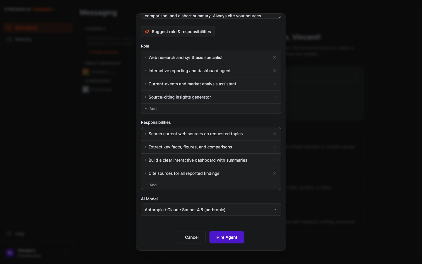 Crewdle Connect hire-an-agent form for an Analyst, with research role and responsibilities and the model set to Claude Sonnet 4.6