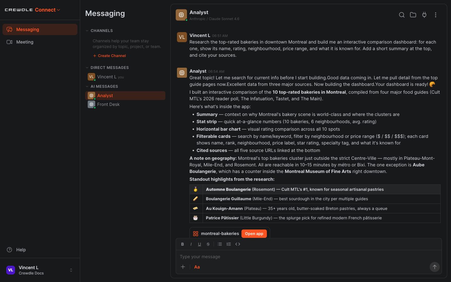 Crewdle Connect Analyst summarizing its research across four food guides and posting an Open app card for the dashboard it built